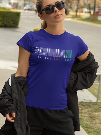 Unique "Be The Only One" barcode t-shirt in blue with a minimalist design