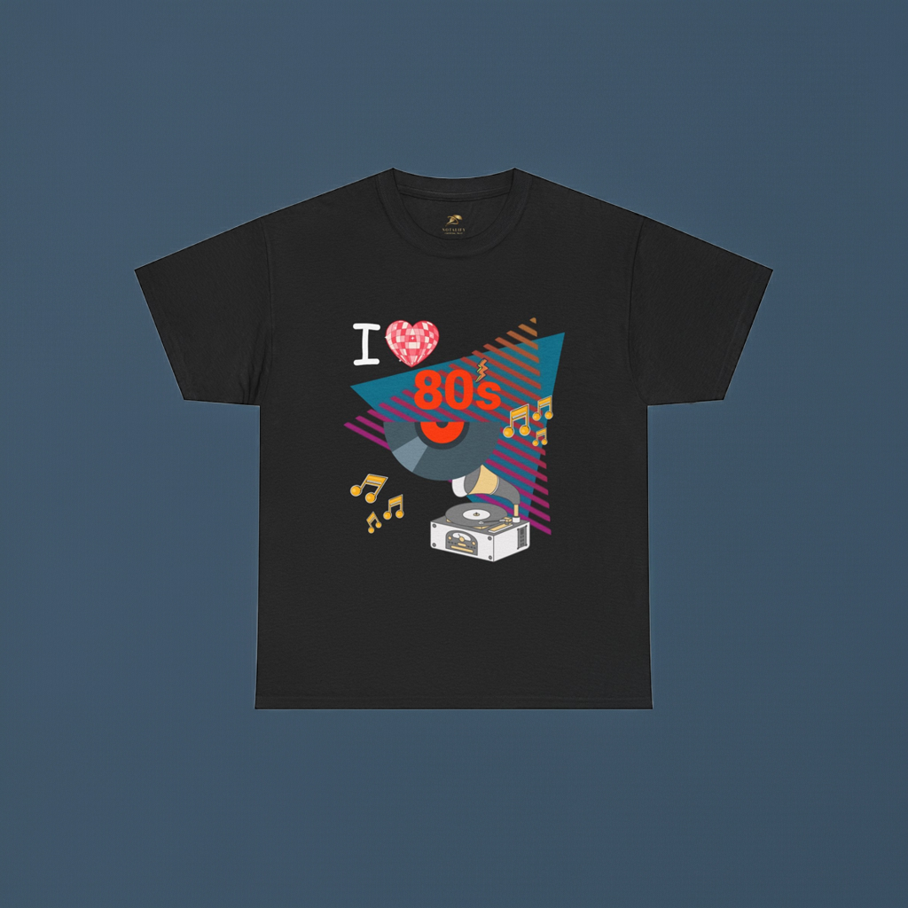 80's music lover t-shirt with retro vinyl record and cassette player graphic on black cotton tee