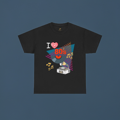 80's music lover t-shirt with retro vinyl record and cassette player graphic on black cotton tee